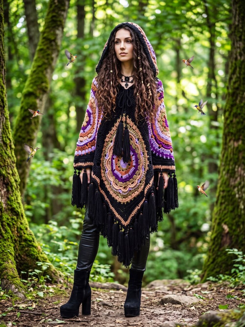 BOHO striking Mandala Crochet Poncho Vibrant Earthy-tone colours Fringe Tassels